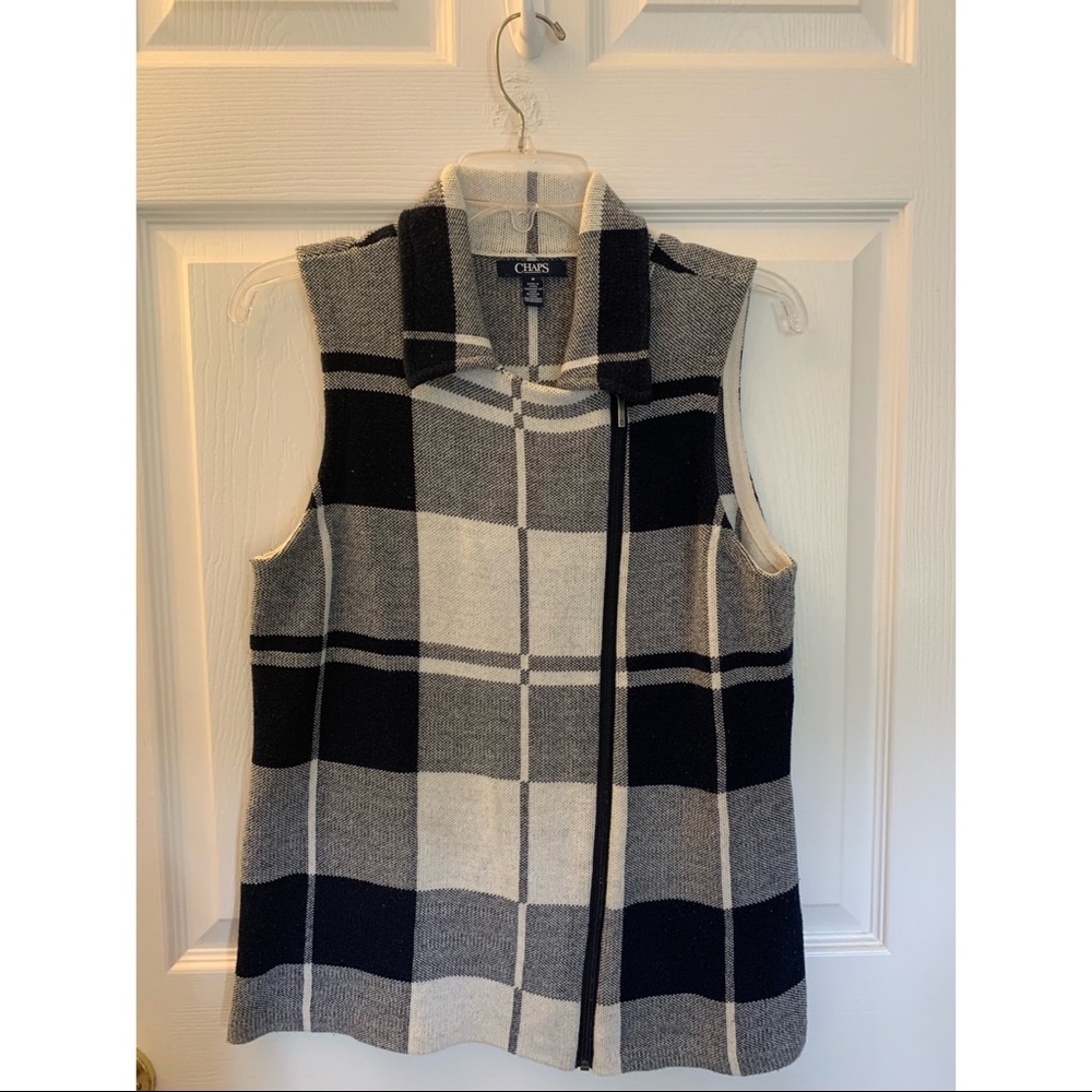 Chaps plaid knit vest zip up, size M